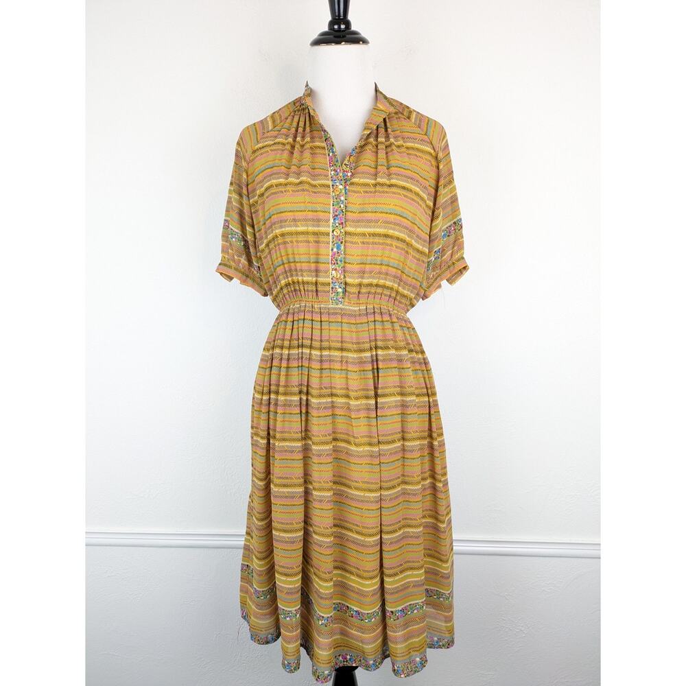 Ark Reworks Shirt Dress Vintage Rockabilly Cottagecore Floral Boho Gold Size S